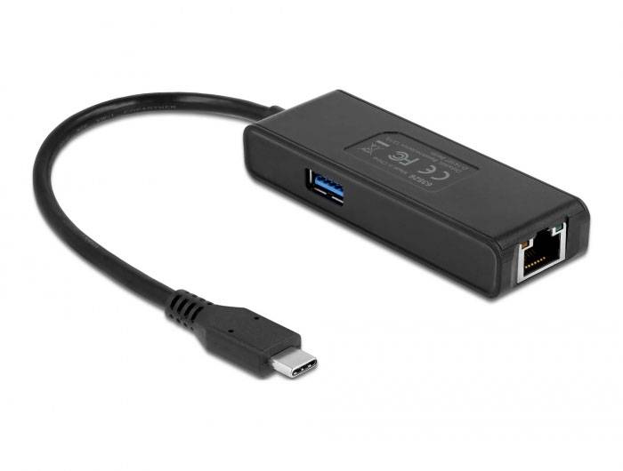 USB-C-zu-USB-Adapter mit integriertem Ethernet-Port und USB-Anschluss, geeignet für den Anschluss an moderne Laptops und Netzwerke.