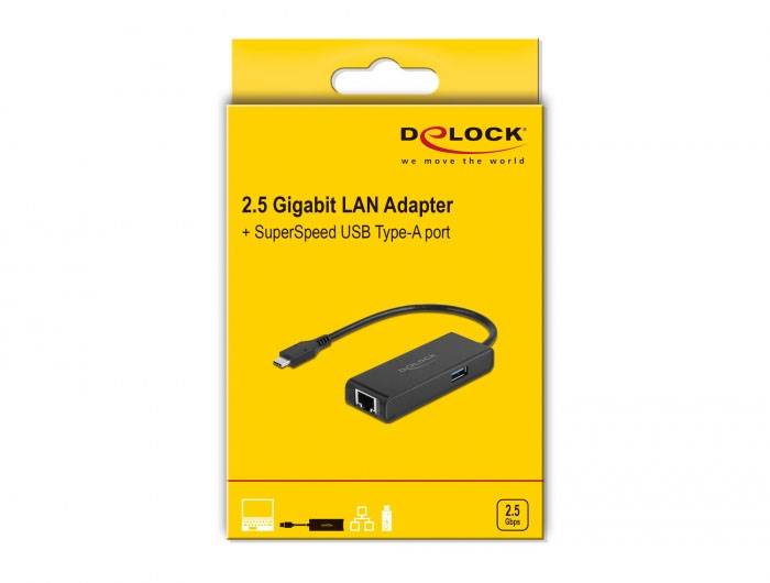 Gelbe Verpackung eines 2.5 Gigabit LAN Adapters mit SuperSpeed USB Type-A Port von Delock.