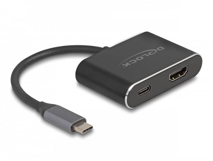 Ein USB-C-Adapter mit zwei Anschlüssen: HDMI und USB-C. Ideal zum Anschluss von Geräten an externe Bildschirme oder zum Laden.