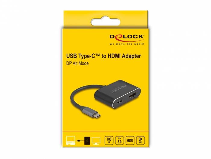 Eine gelbe Verpackung zeigt einen USB Type-C zu HDMI Adapter der Marke Delock. Unterstützt 4K, HD und HDR.