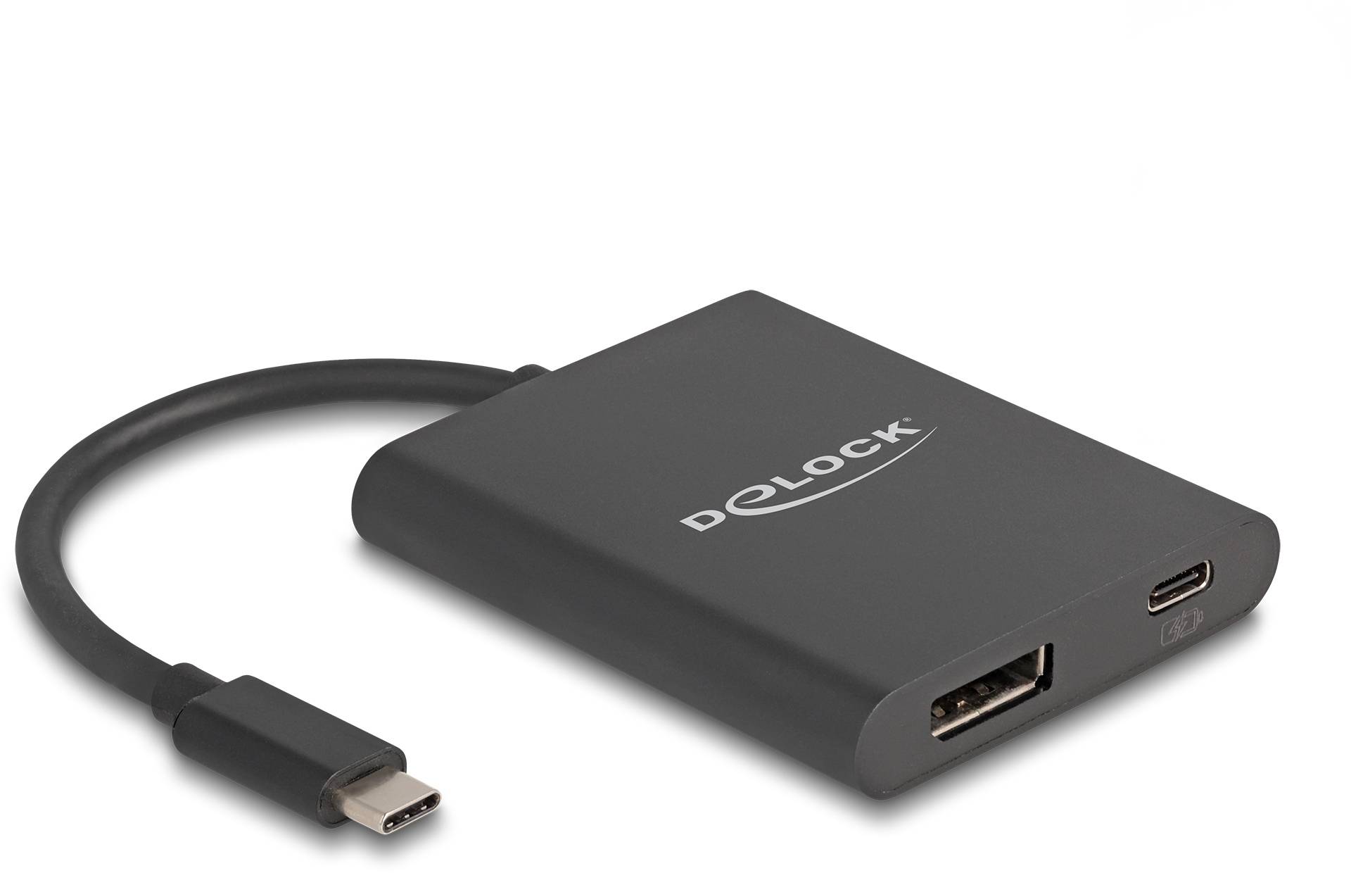 Ein schwarzer Adapter mit 'Delock'-Aufschrift, der einen USB-C-Anschluss mit HDMI- und USB-A-Ports verbindet.