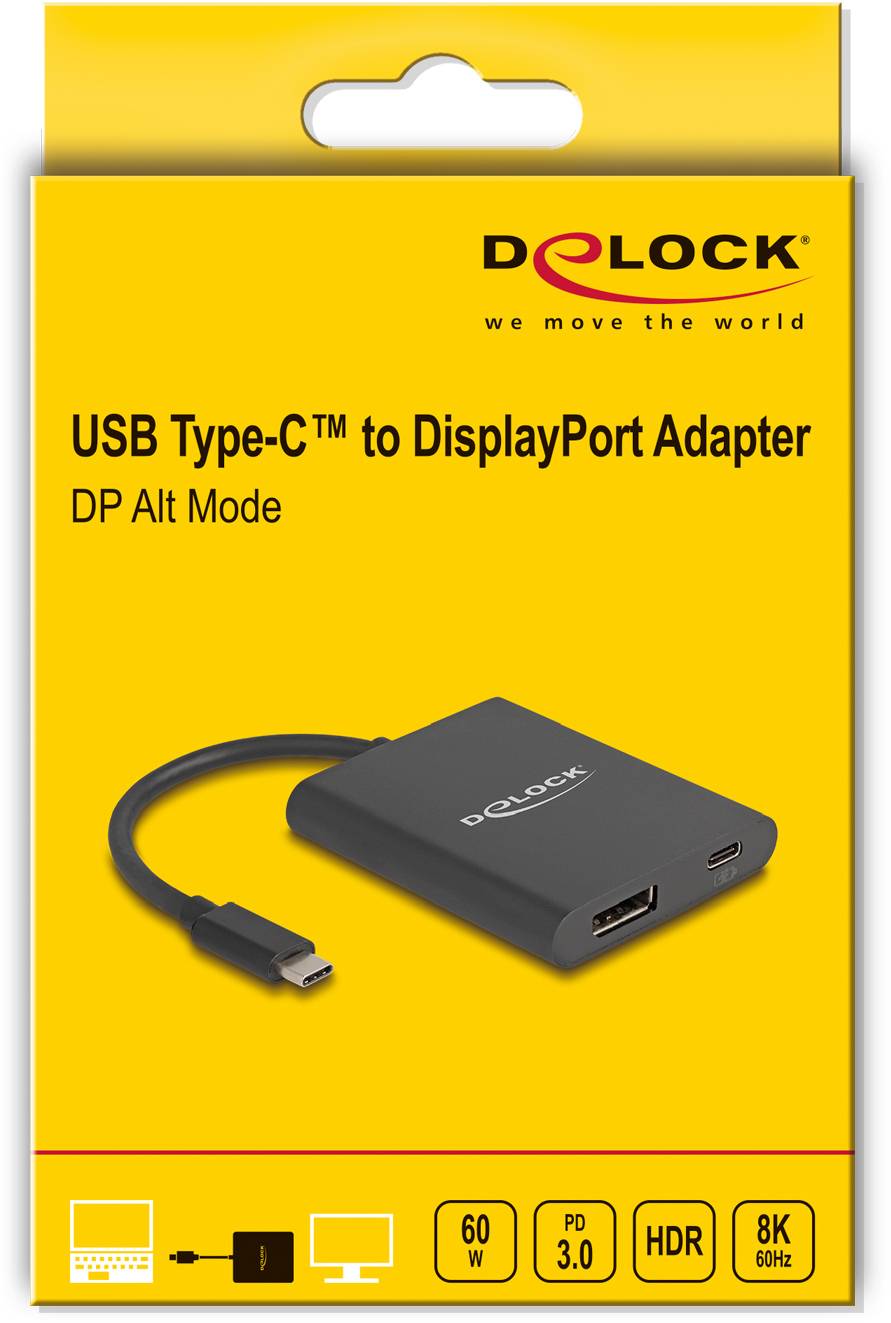 Verpackung eines 'Delock' USB Type-C auf DisplayPort Adapter, unterstützt 8K bei 60Hz, PD 3.0 und HDR. Abgebildet ist der Adapter.