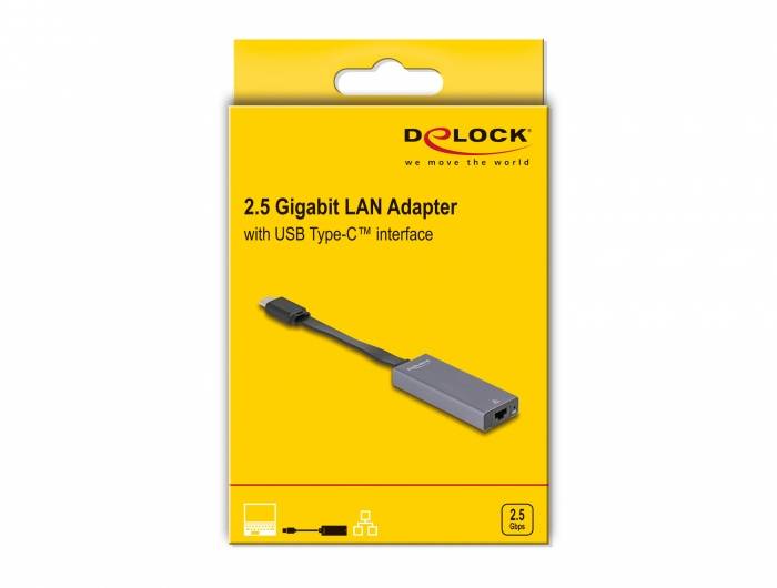 Gelbe Verpackung eines 2.5 Gigabit LAN Adapters mit USB Type-C Schnittstelle. Marke oben, Produktabbildung in der Mitte, Details unten.