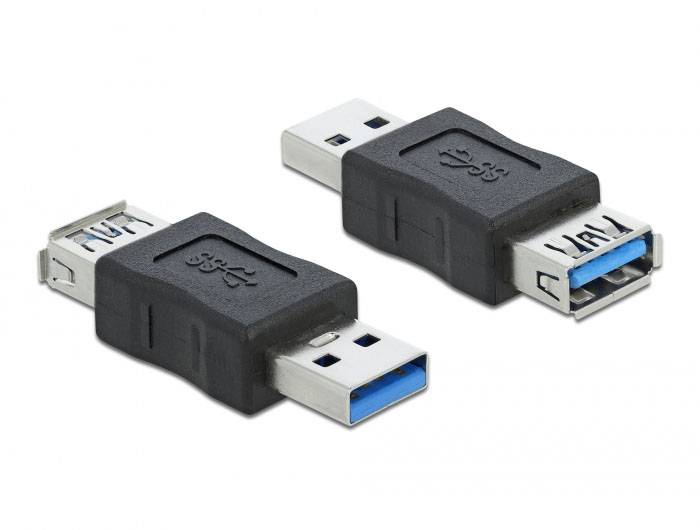 Zwei USB 3.0 Adapter mit schwarzen Gummigehäusen, der linke mit einem USB-A-Port und der rechte mit einem USB-B-Port.