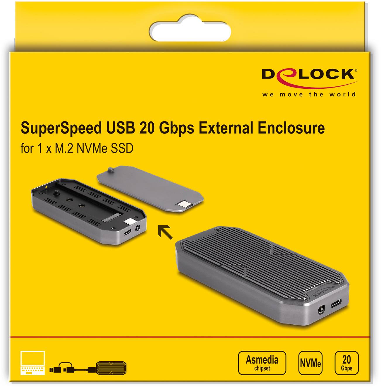 Delock 42015 Externes Gehäuse für M.2 PCIe NVMe SSD USB-C®, DC-Buchse 3.5 mm, M.2 20 GBit/s M.2 PCIe NVMe 2280, 2260, 2242 42015