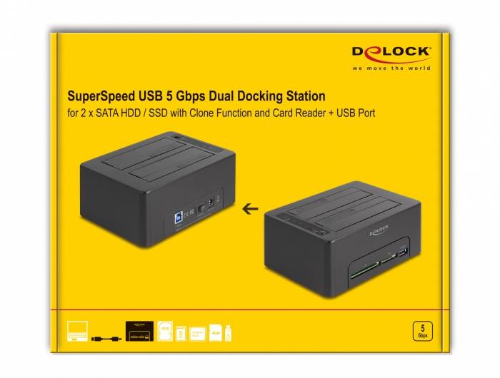 Delock 64183 SATA 6 Gb/s, SD, DC-Buchse 3.5 mm, USB-B, USB-A Festplatten-Dockingstation mit Kartenleser