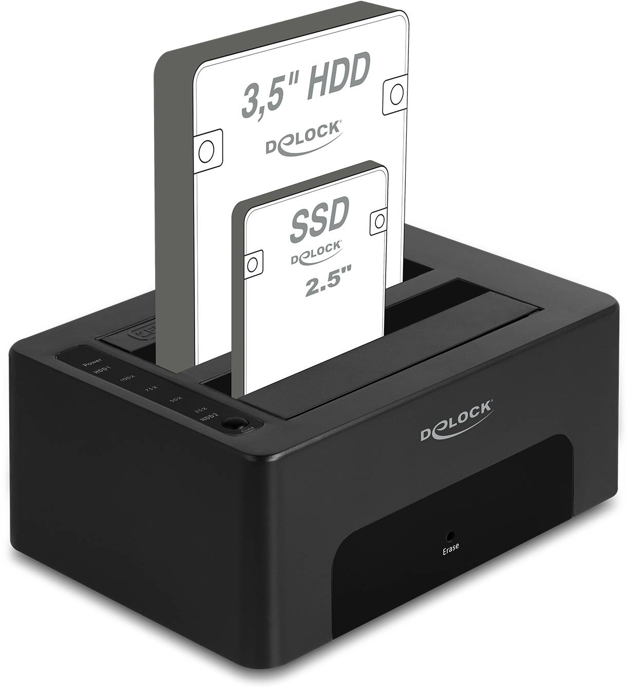 Delock 64187 USB-B, SATA 6 Gb/s, DC-Buchse 3.5mm Festplatten-Dockingstation mit Clone-Funktion, mit Erase-Funktion