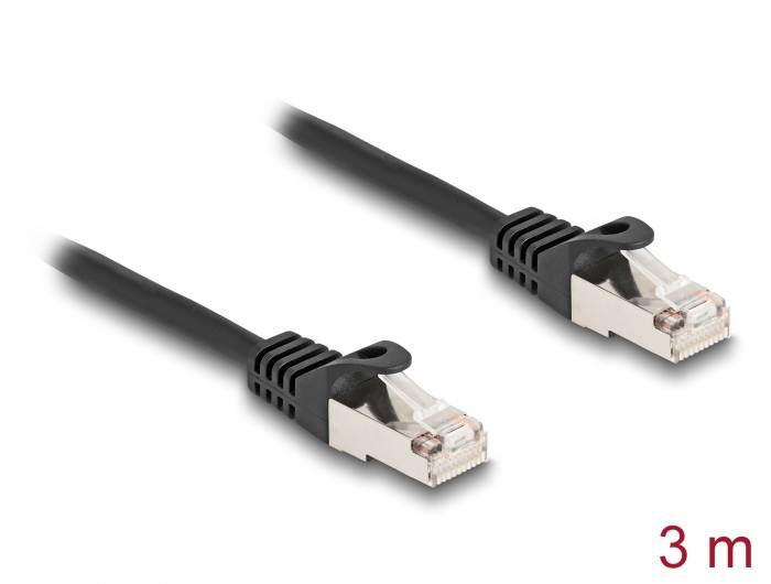Zwei schwarze Ethernet-Kabel mit RJ45-Steckern, Länge 3 Meter, auf weißem Hintergrund.