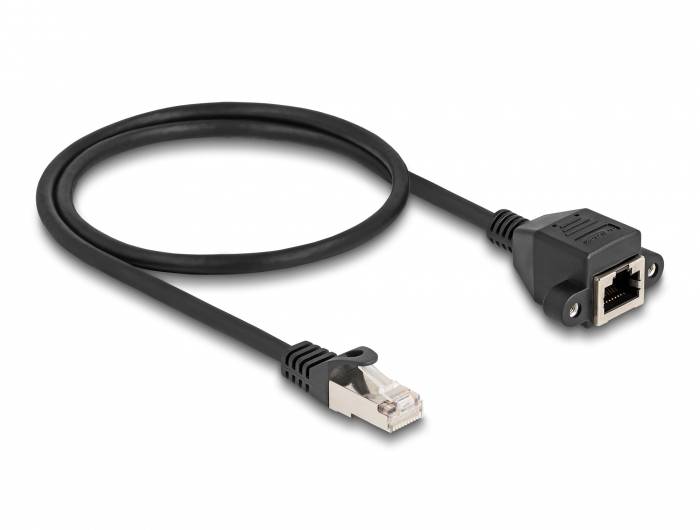 Ein schwarzes Ethernet-Kabel mit einem männlichen Stecker auf der linken Seite und einem weiblichen Anschluss auf der rechten Seite.