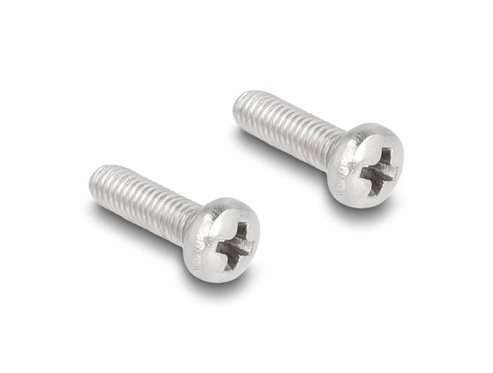 Zwei silberne Kreuzschlitzschrauben auf weißem Hintergrund. Sie sind parallel zueinander ausgerichtet.