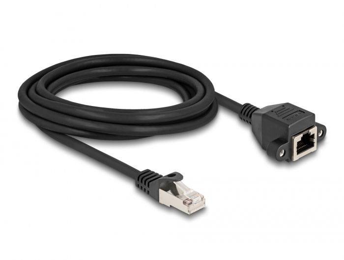 Schwarzes Ethernet-Kabel mit einem RJ45-Stecker und einer Buchse, geeignet für Netzwerkverbindungen.