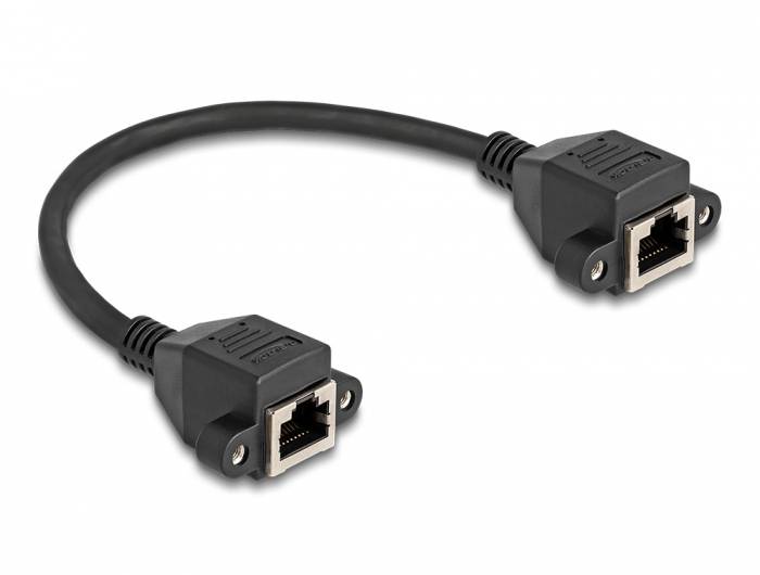 Ein schwarzes Ethernet-Kabel mit zwei RJ45-Steckverbindern an den Enden, geeignet für Netzwerkanwendungen.