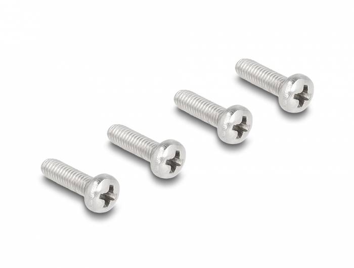 Vier Metallschrauben mit Kreuzschlitzkopf, gleichmäßig aufgereiht, vor einem weißen Hintergrund.