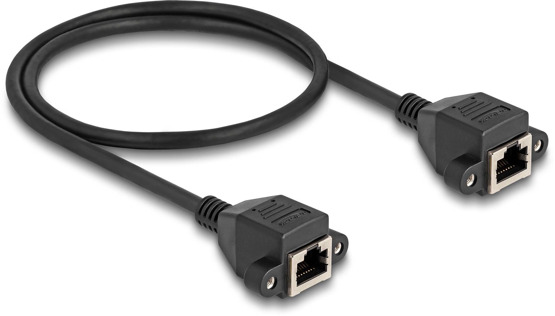 Ein schwarzes Ethernet-Verlängerungskabel mit zwei RJ45-Buchsen an den Enden, ideal zum Verlängern von Netzwerkkabeln.