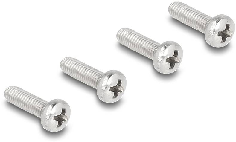 Vier Metallschrauben mit Kreuzschlitzkopf liegen in einer diagonalen Reihe auf einer weißen Oberfläche.