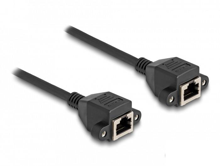 Zwei schwarze Ethernet-Kabelanschlüsse mit Schraubbefestigung, geeignet für die Montage an Wänden oder Panels.
