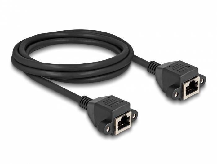 Ein schwarzes Netzwerkkabel mit zwei RJ45-Steckern. Ideal zum Verbinden von Computern oder Netzwerkgeräten in einem LAN.