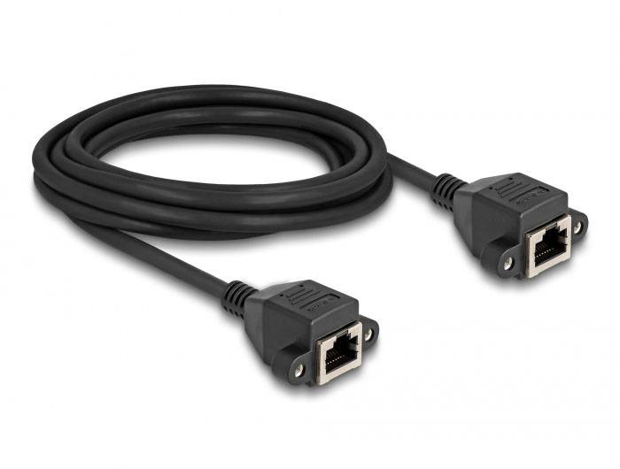 Ein schwarzes Ethernet-Verlängerungskabel mit zwei Buchsen, geeignet für Netzwerkverbindungen.
