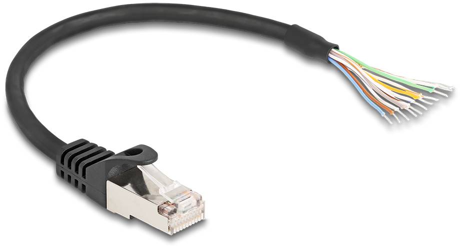 Ethernet-Kabel mit RJ45-Stecker auf der einen Seite und offenen Drähten auf der anderen Seite, in verschiedenen Farben.