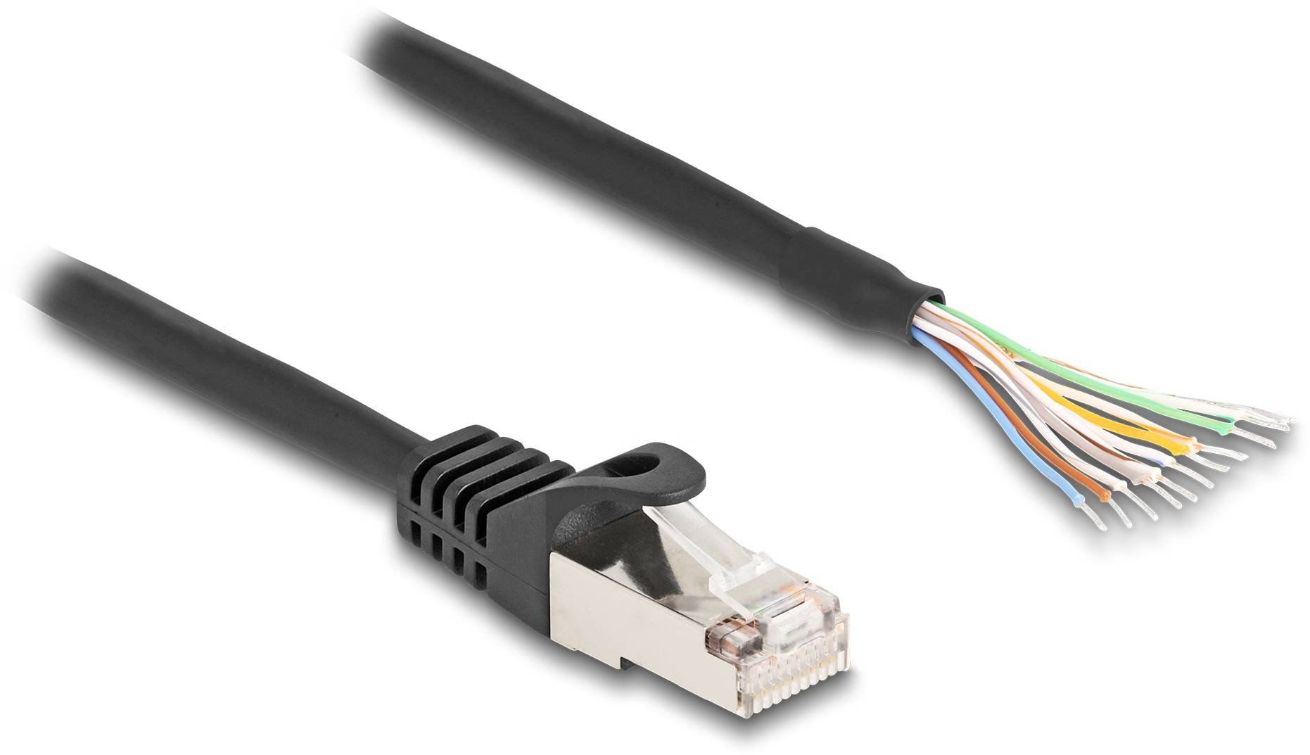'RJ45-Stecker' mit Kunststoffgehäuse links und ein unmontiertes Ende eines Ethernet-Kabels mit freiliegenden Adern rechts.