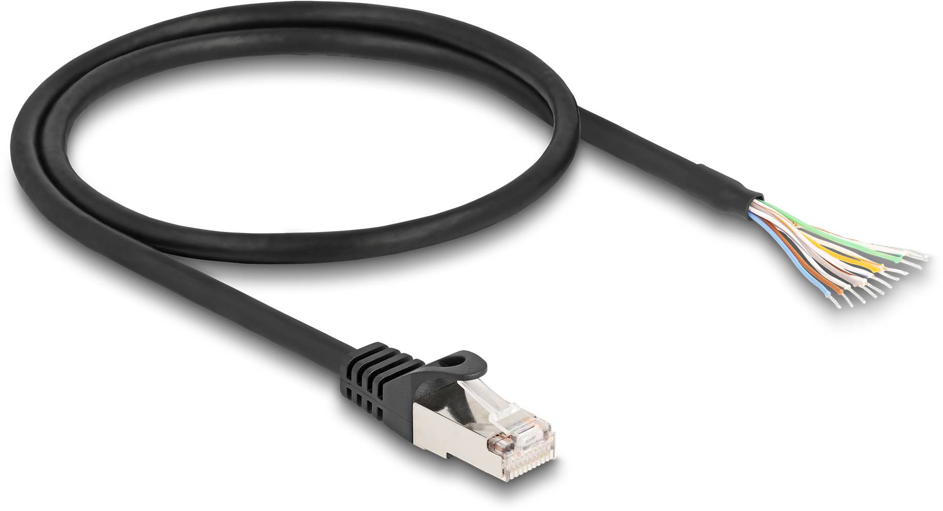 Schwarzes Ethernet-Kabel mit RJ45-Stecker. Ein Ende ist entmantelt und zeigt farbcodierte Adern. Verwendet für Netzwerkverbindungen.