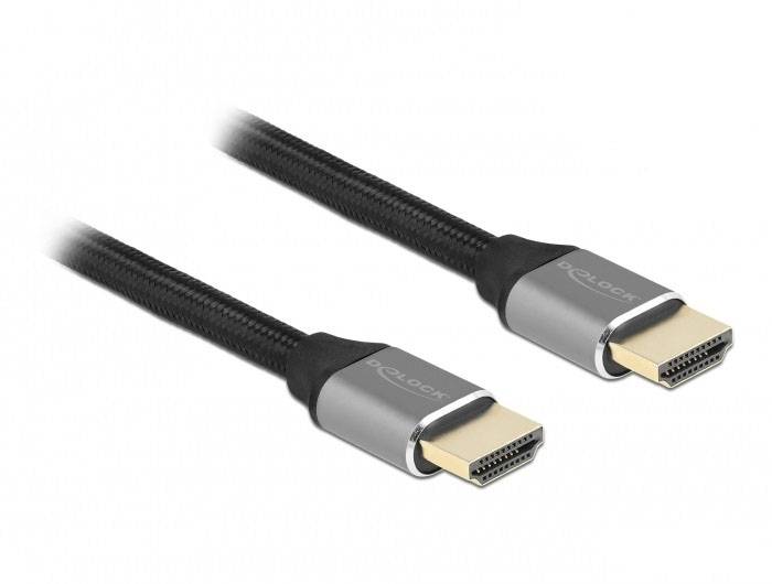 Zwei HDMI-Kabel mit silbernen Steckern und schwarzen Kabeln.