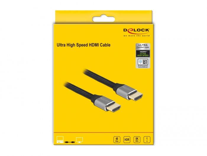Ein gelbes Verpackungsdesign für ein 'Ultra High Speed HDMI Cable' von Delock, zeigt zwei HDMI-Kabel mit schwarzem Geflecht und silbernen Anschlüssen.
