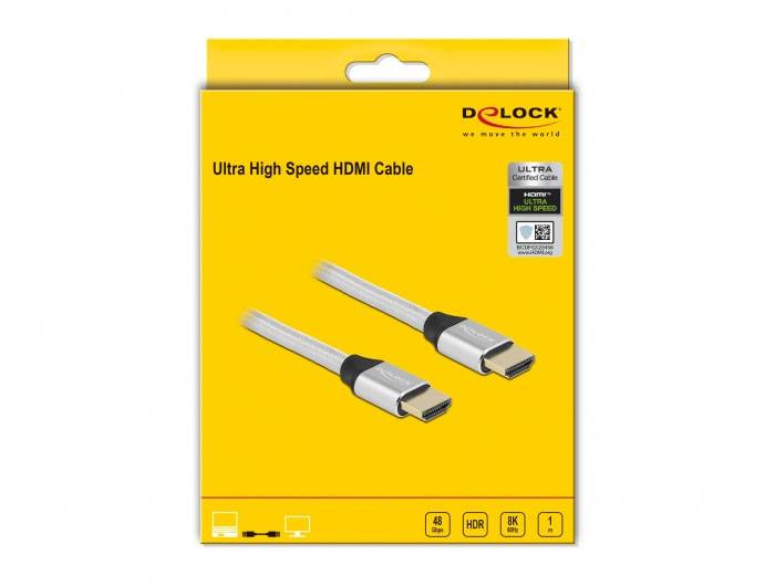 'Delock' Verpackung eines Ultra High Speed HDMI-Kabels, gelb. Zwei Kabel mit silbernen Steckern sichtbar. Unterstützt 8K, HDR, HDCP.