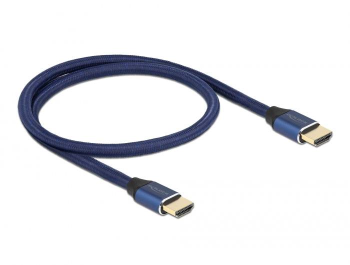 Blauer HDMI-Kabel mit vergoldeten Steckern, dargestellt in einer Schlaufe. Geeignet für Audio- und Videoübertragung.