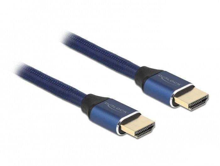 Zwei blaue HDMI-Kabel mit goldenen Steckern auf weißem Hintergrund. Sie dienen zur Übertragung von Audio- und Videodaten.