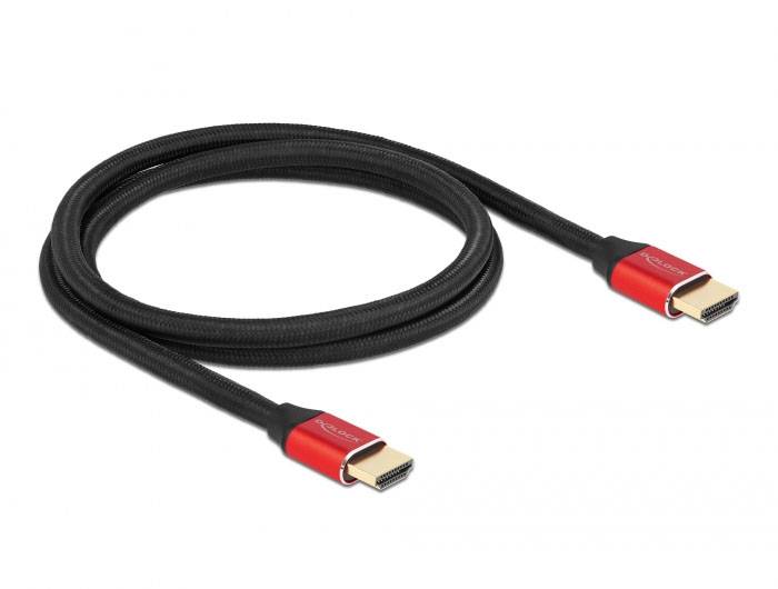Schwarzes HDMI-Kabel mit roten Steckern an beiden Enden, geeignet für die Verbindung von Video- und Audiogeräten.