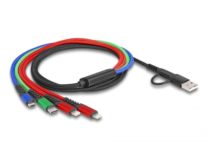 Ein USB-Kabel mit vier Anschlüssen, farbcodiert in Blau, Grün, Rot und Schwarz, zeigt Kompatibilität mit verschiedenen Geräten.