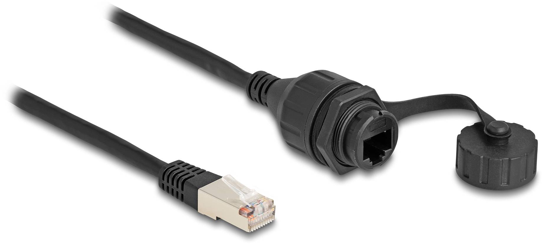 Ein schwarzes Ethernet-Kabel mit einem RJ45-Stecker und einer wasserdichten Verschlusskappe für raue Umgebungen.