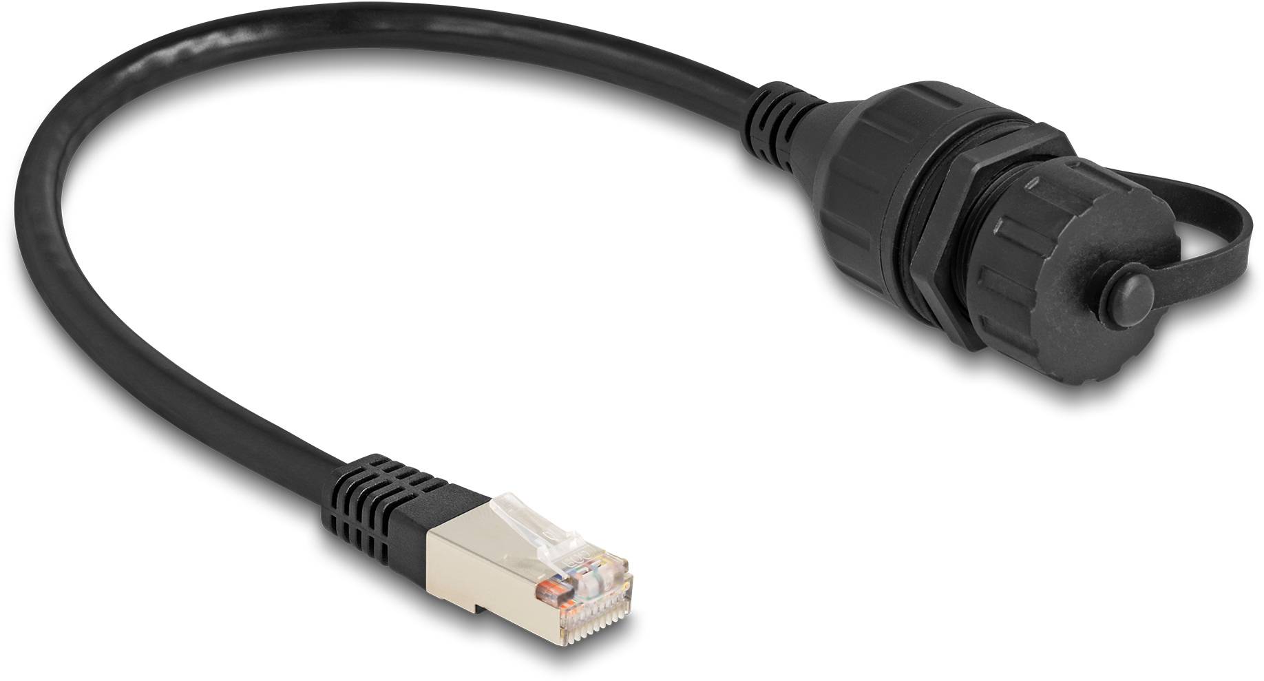Ein Ethernet-Kabel mit einem RJ45-Stecker auf der einen Seite und einem wetterfesten Verschluss auf der anderen. Geeignet für Außenanwendungen.