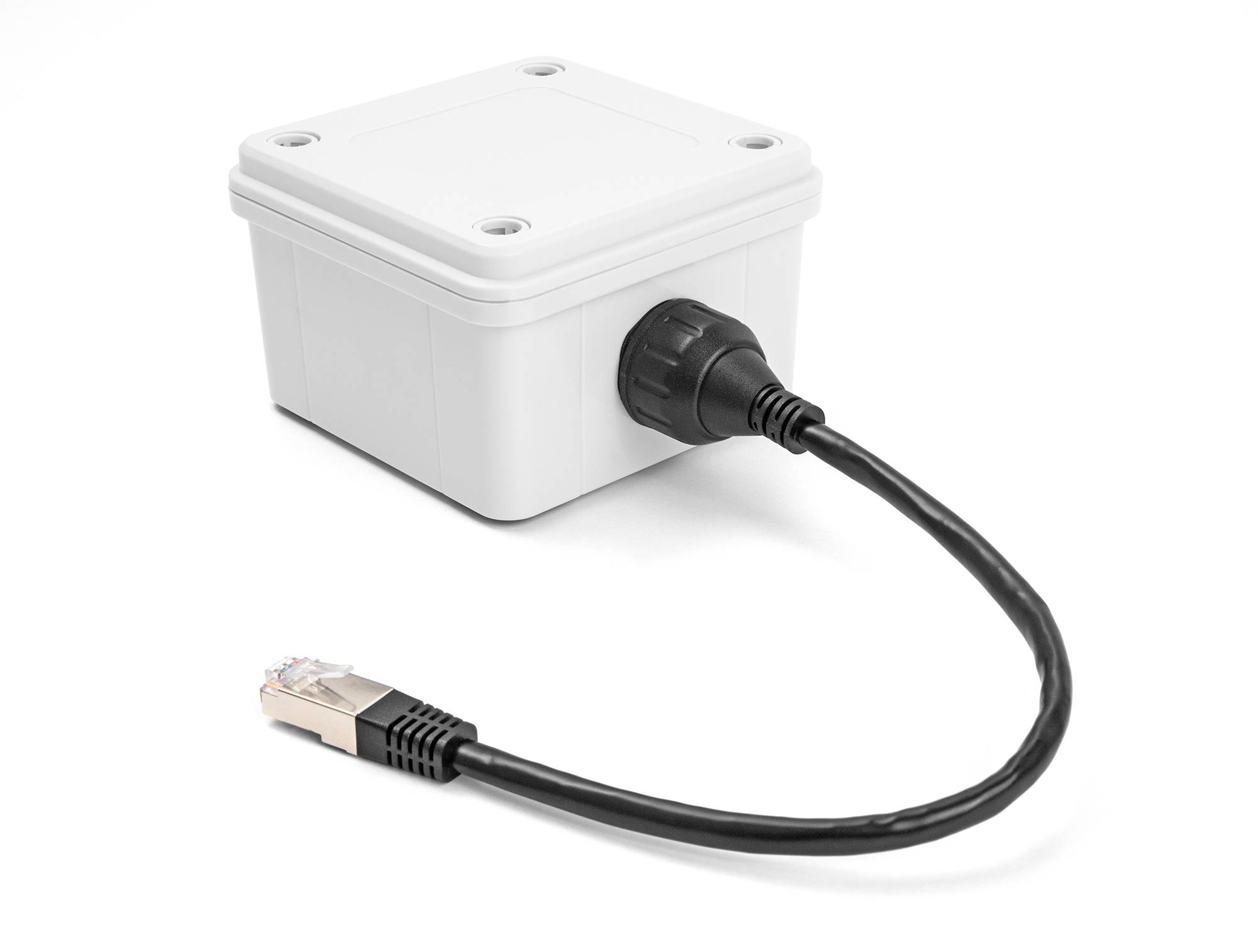 Weiße Anschlussdose mit angeschlossenem Ethernet-Kabel auf weißem Hintergrund.