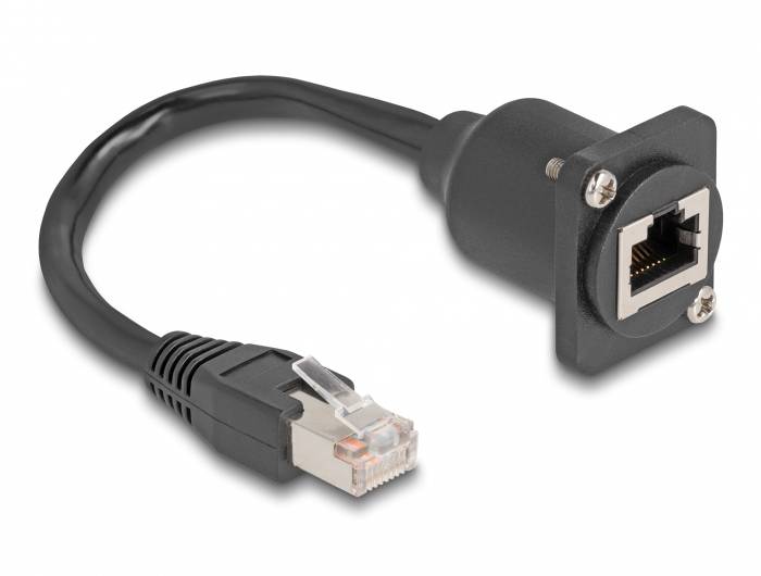 Netzwerkkabel mit RJ45-Stecker, verbunden mit einer Wanddose, geeignet für Ethernet-Verbindungen und Datenübertragung.