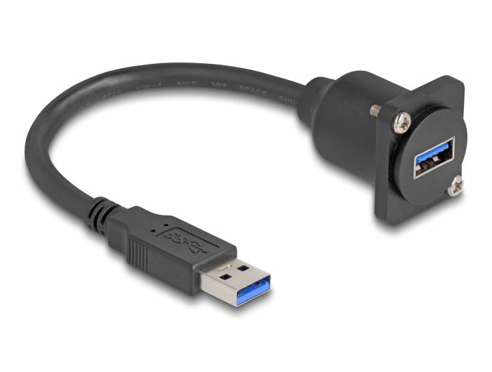 USB-Verlängerungskabel mit USB-A-Steckerteil auf der einen Seite und einer USB-A-Buchse auf einer Montageplatte auf der anderen Seite.
