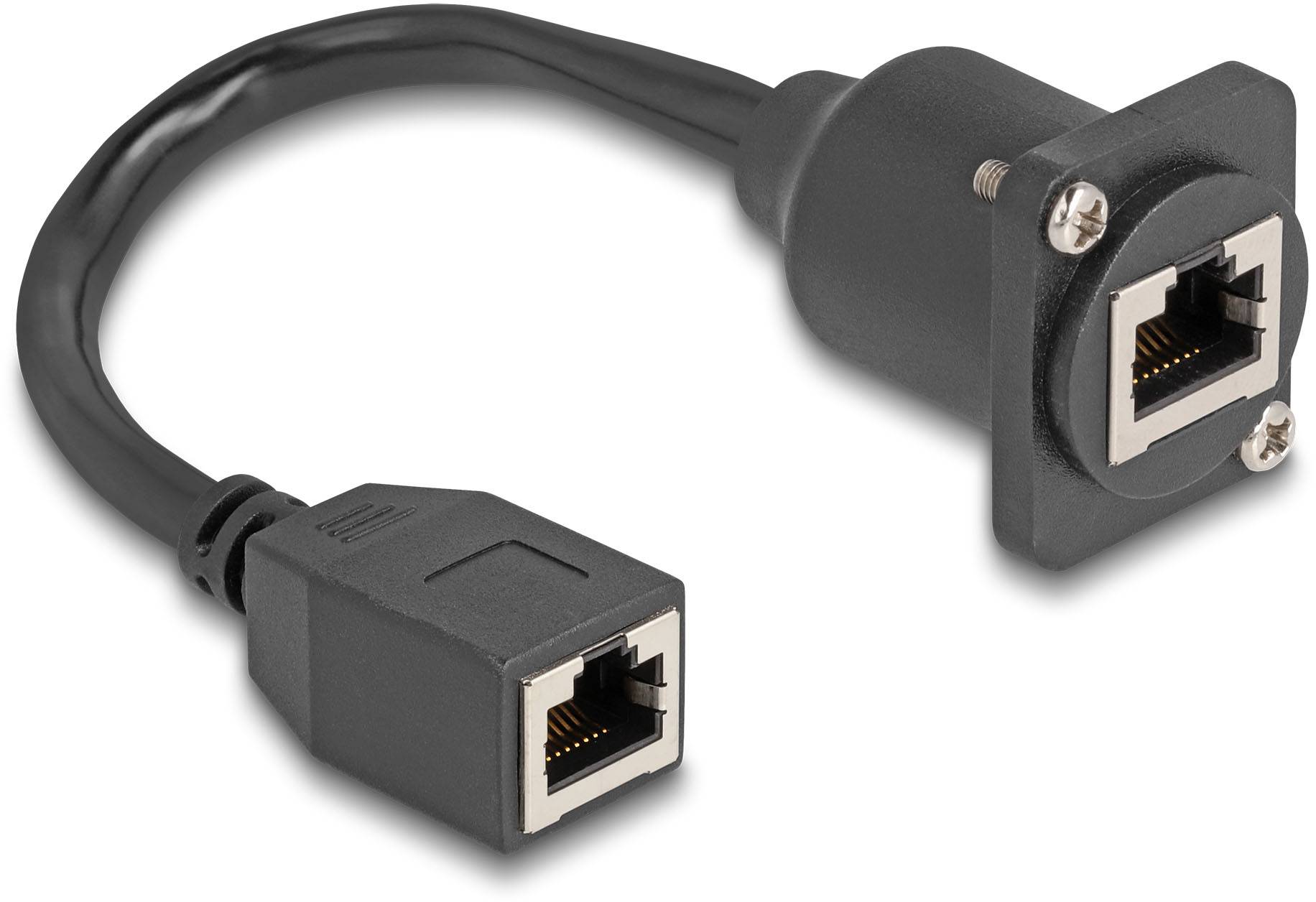 Ein Ethernet-Netzwerkkabeladapter mit zwei RJ45-Anschlüssen, einer zum Einbau in ein Gerät und einem für die Verbindung mit einem Kabel.
