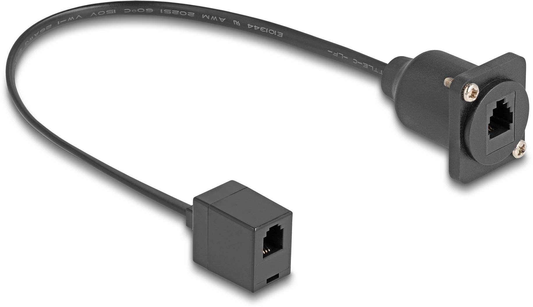 Ein kurzes, schwarzes Ethernet-Kabel mit einem männlichen und einem weiblichen RJ45-Anschluss, beide schwarz, verbunden durch ein flexibles Kabel.