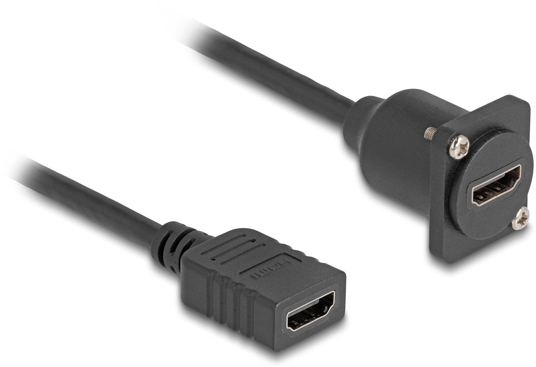 HDMI-Kabel mit Steckerverlängerung, links Standard-Stecker, rechts Panel-Mount-Buchse, schwarz. Geeignet für Geräteerweiterung.