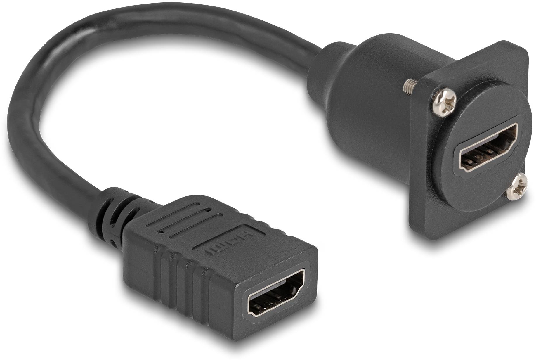 HDMI-Verlängerungskabel mit Buchse und Wandmontageanschluss, schwarzes Design.
