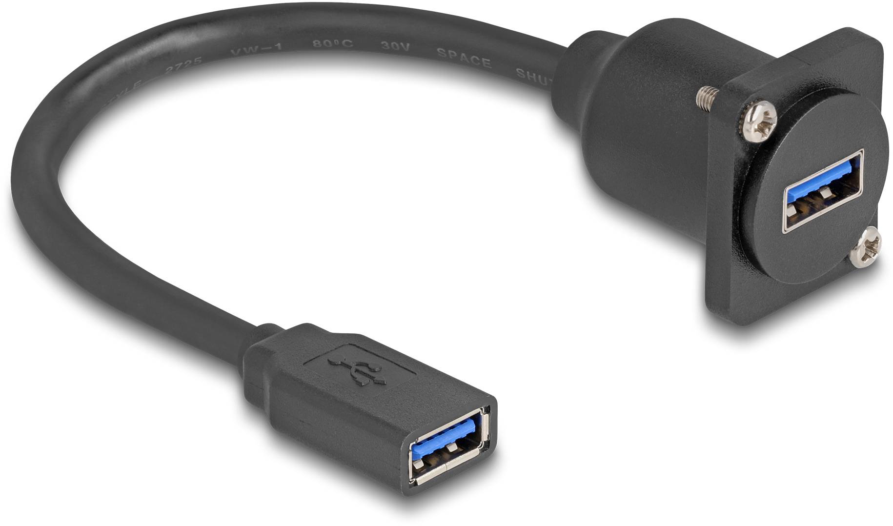 Schwarzes USB-Verlängerungskabel mit einem USB-A-Stecker auf der einen und einer USB-A-Buchse in Montagesockel auf der anderen Seite.