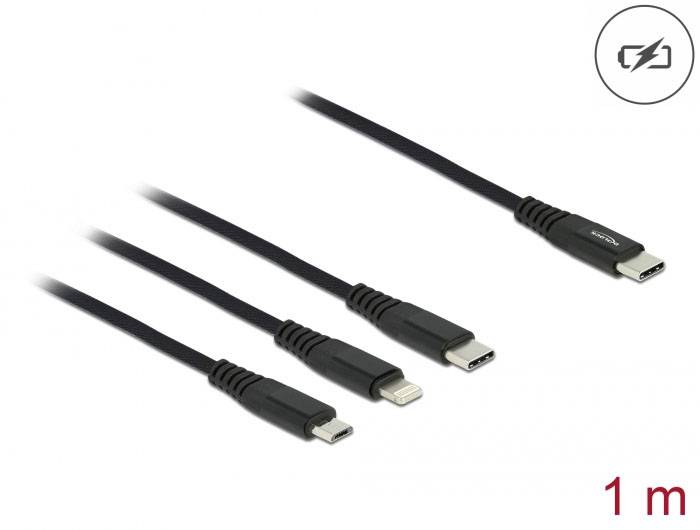 Vier Ladegeräte-Kabel auf weißem Hintergrund, jeweils mit unterschiedlichen Anschlüssen: USB-C, Micro-USB, Lightning und ein weiteres USB-C. Länge: 1 Meter.