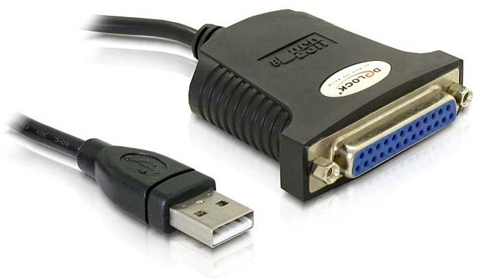 Ein USB-zu-Paralleladapterkabel, das einen USB-Stecker mit einem Parallelport-Stecker verbindet.