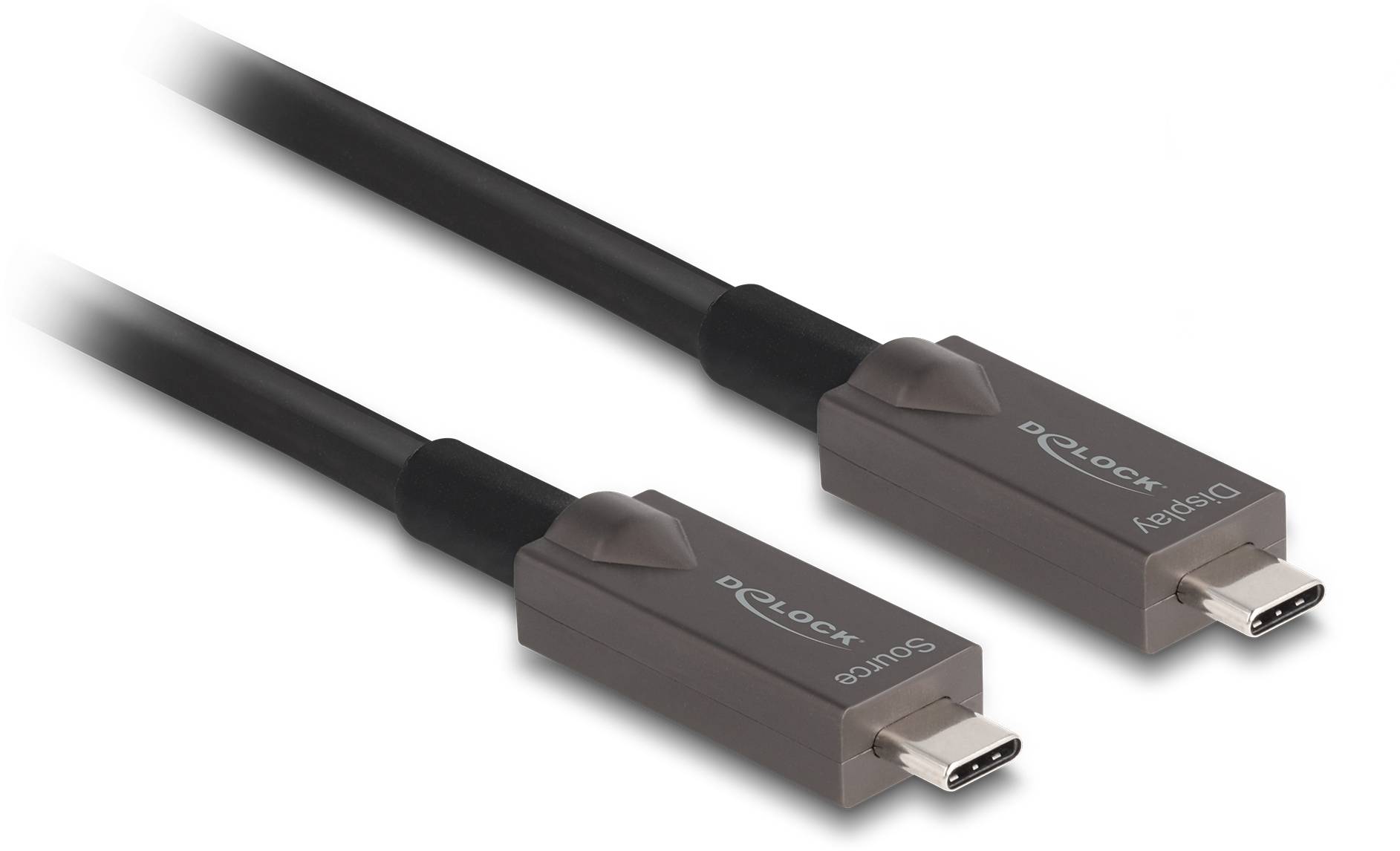 Zwei schwarze USB-C-Kabel von Delock, eines mit der Kennzeichnung 'Source', das andere 'Display', geeignet für Bildschirmausgabe.