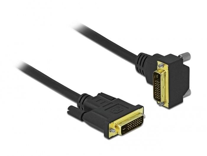 Schwarzes DVI-D-Kabel mit gelben Anschlüssen auf weißem Hintergrund. Verwendet für digitale Videoübertragung von Computern zu Monitoren.
