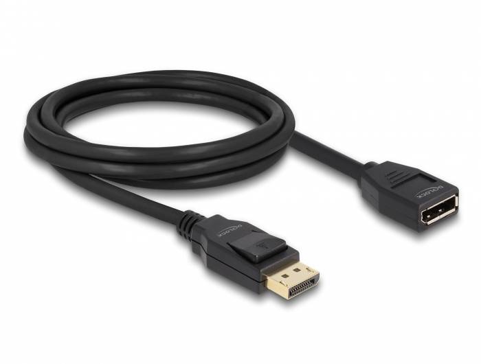 Schwarzes DisplayPort-Kabel mit einem Stecker und einer Buchse, geeignet zur Verbindung von Computern mit Monitoren oder anderen Geräten.