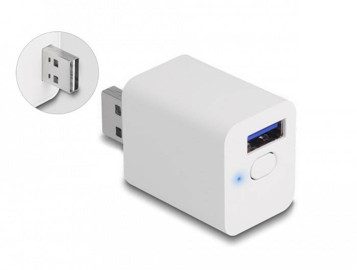 Ein weißer WLAN-Repeater mit USB-Stecker und Ein/Aus-Knopf leuchtet blau. Ein kleineres Bild zeigt den USB-Stecker näher.