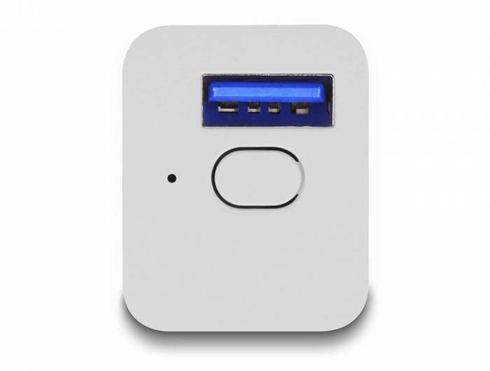 Ein weißes Ladegerät mit einem blauen USB-Port und einem kleinen runden Einschaltknopf.