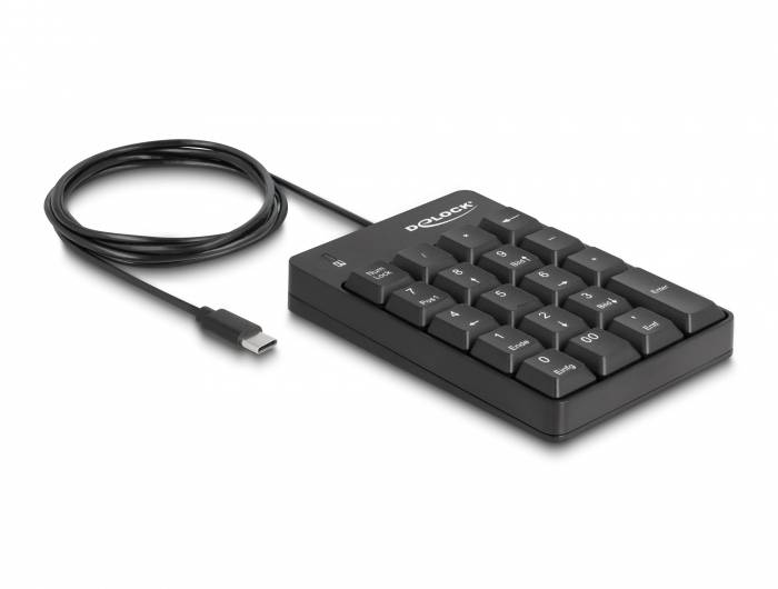 Ein schwarzes USB-Zahlenblock mit Kabel, bestehend aus 18 Tasten, inkl. Nummerntasten und Sondertasten. Designed für effiziente Dateneingabe.